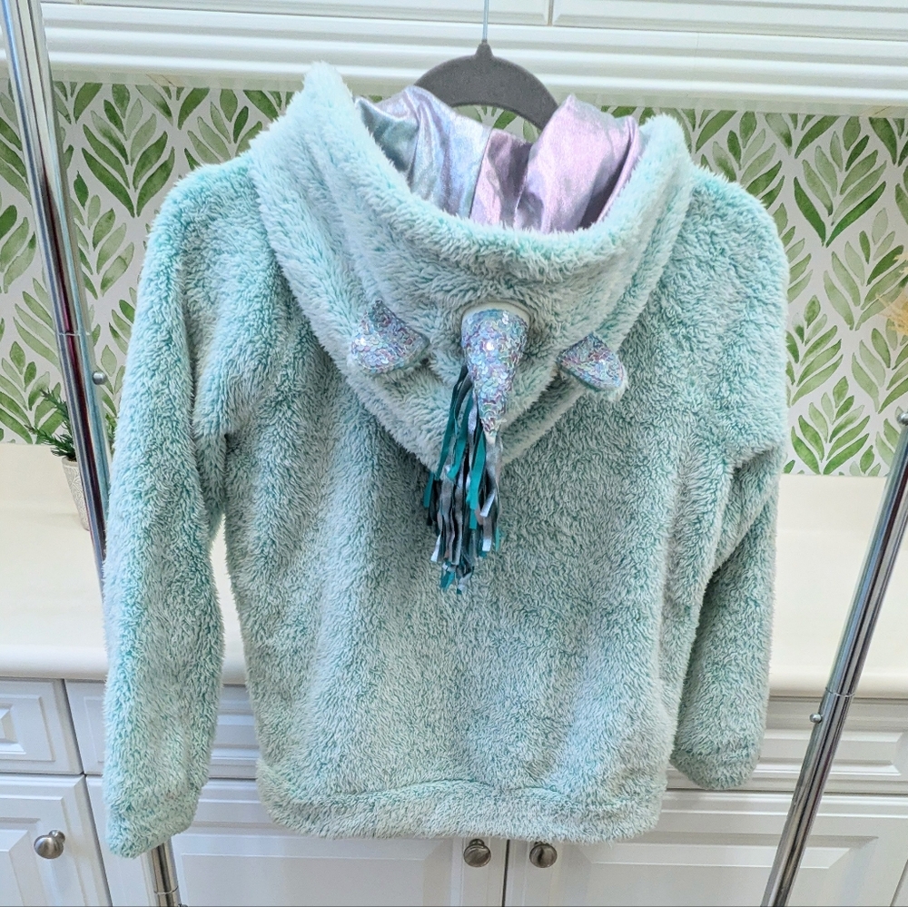 Teal Seafoam Green Cat& Jack Fluffy Zip Up Unicorn Sweater Large 10/12